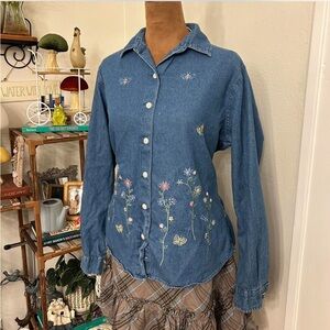 Donnkenny Embroidered & Beaded Long Sleeve Denim Dark Wash Button Up Top - Sz Sm